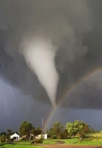 A tornado and a rainbow appeared at the same time in Kansas